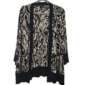 Chicos 2 Travelers Black Beige Scroll Print Open Front Cardigan Womens 12 14